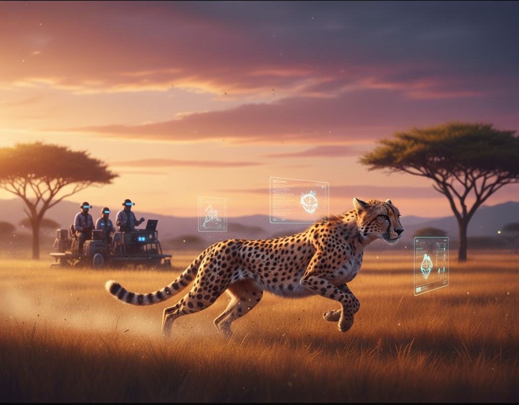 Indian cheetah running across golden Indian grasslands at sunset