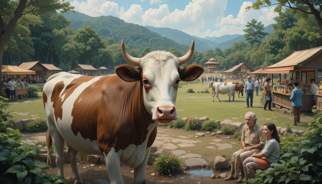 Rescued cow in a sanctuary, surrounded by greenery and caretakers